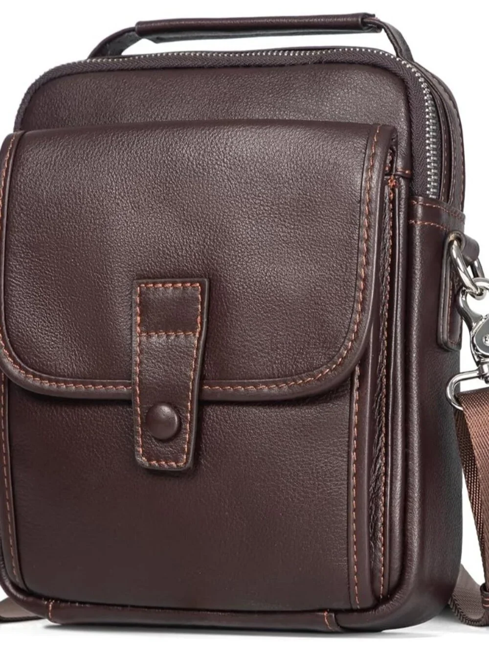Men's Dark Brown Leather Shoulder Sling Travel Crossbody Magnetic Buckle Bag